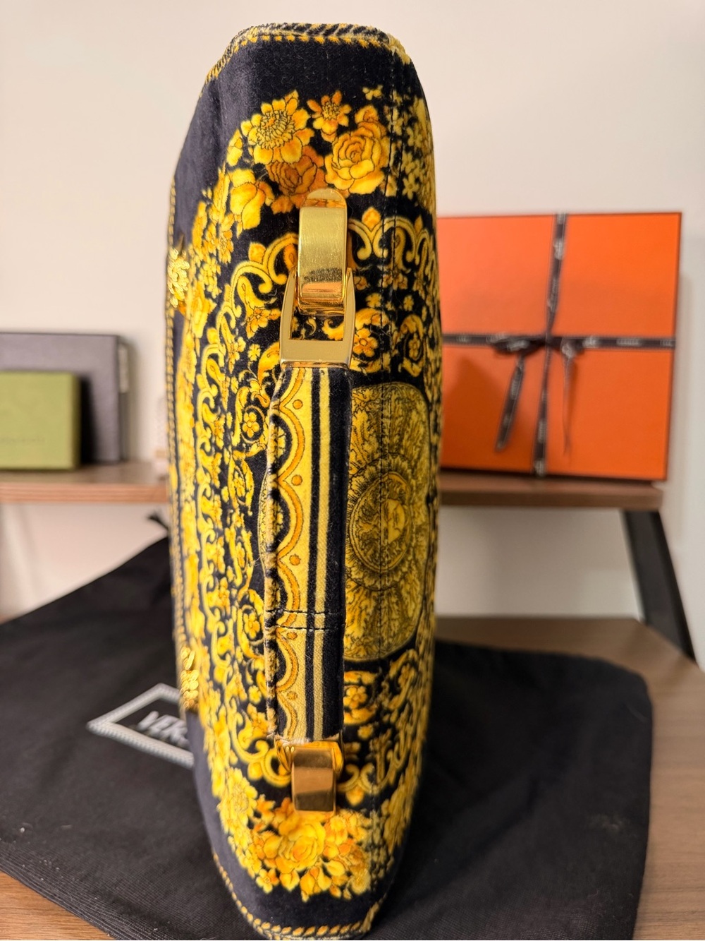 AUTHENTIC - RARE Gianni Versace Gold and Black Velvet Briefcase W/ Medusas - Picture 7 of 13